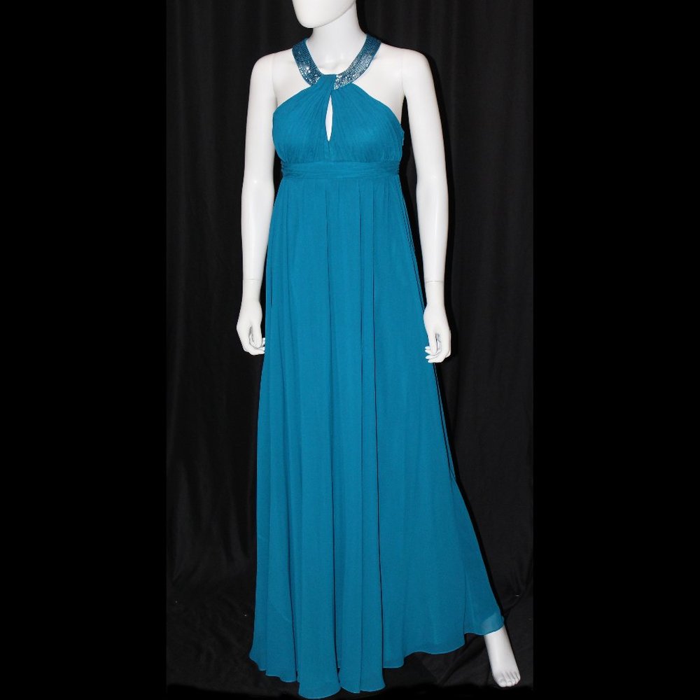 Aiden Mattox Dark Teal Sheer Long Prom Dress